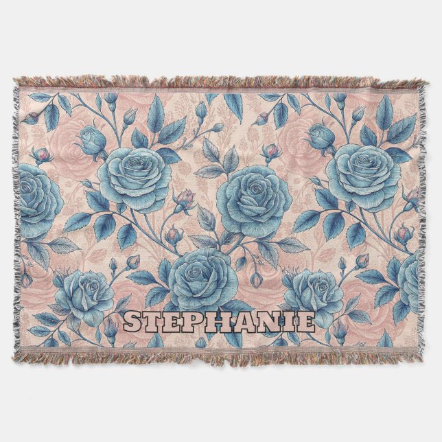 Manta Patrón Rosa azul retro sobre fondo rosa suave (Anverso)