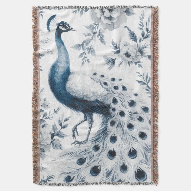 Manta Pavo real con flores azules (Frente vertical)