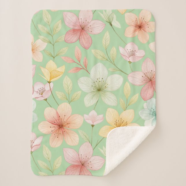 Manta pequeña sherpa floral menta (Anverso)
