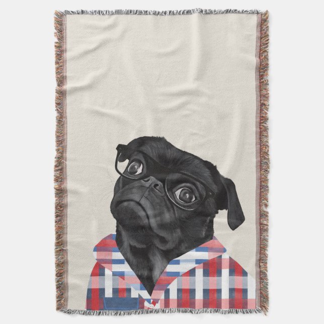 Manta Perro De Pug Negro Con Gafas Y Chequera (Frente vertical)