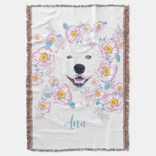 Manta Perro Samoyed y flores rosadas