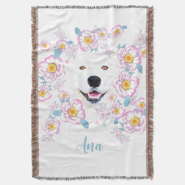 Manta Perro Samoyed y flores rosadas (Frente vertical)