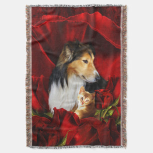 Manta Perro y gatito incrustados en rosas rojas