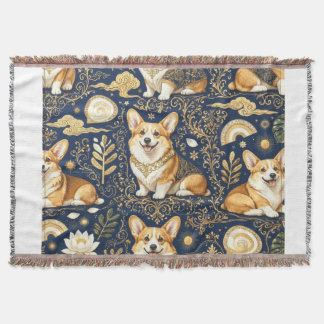 Manta Perros Corgi Elegantes Patrón de Damasco Dorado Az