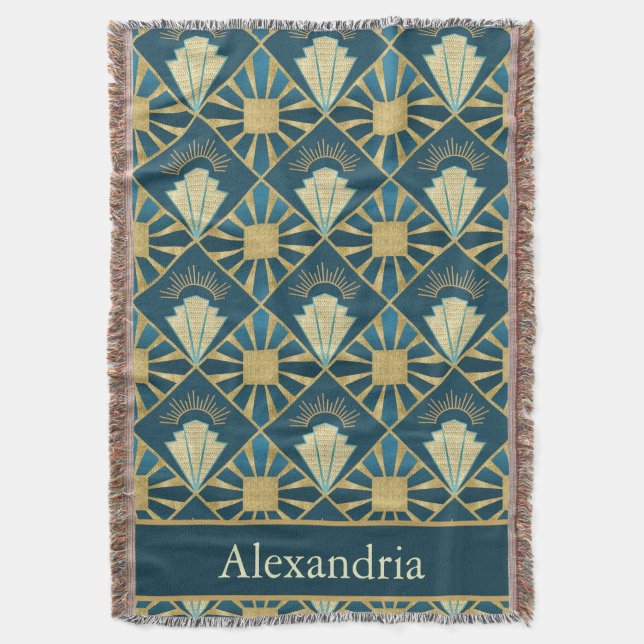 Manta Personalized Art Deco Teal & Gold Geometric Name  (Frente vertical)