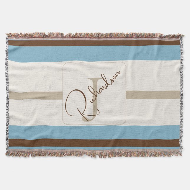 Manta Personalized Blue Brown Stripe Monogram Coastal  (Anverso)