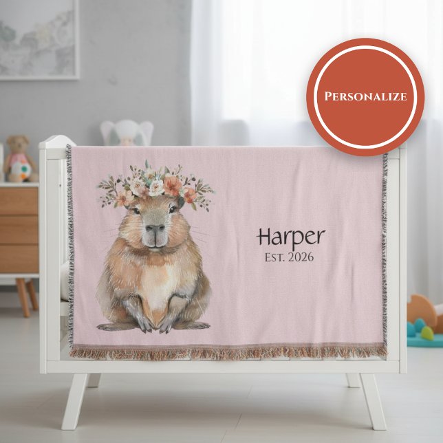 Manta Personalized Nursery Blanket • Capybara Baby Decor (Watercolor nursery blanket with capybara and floral crown on soft neutral background)