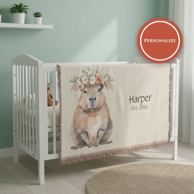 Manta Personalized Nursery Blanket • Capybara Baby Decor (Watercolor nursery blanket with capybara and floral crown on soft neutral background)
