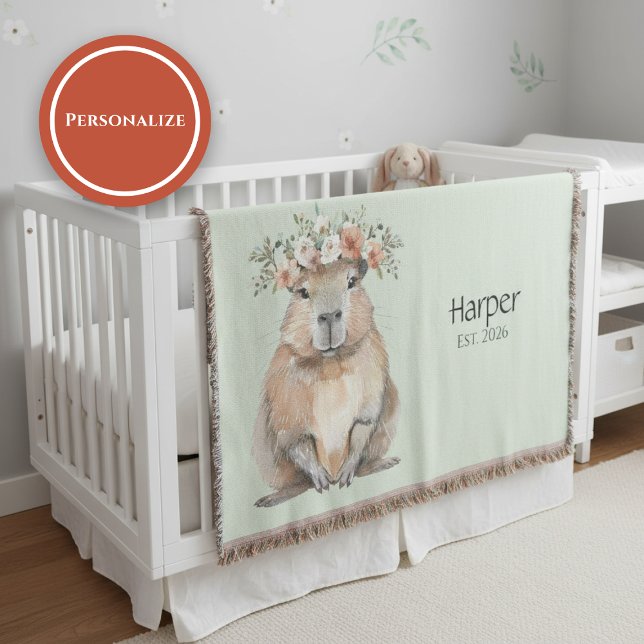 Manta Personalized Nursery Blanket • Capybara Baby Decor (Watercolor nursery blanket with capybara and floral crown on soft neutral background)