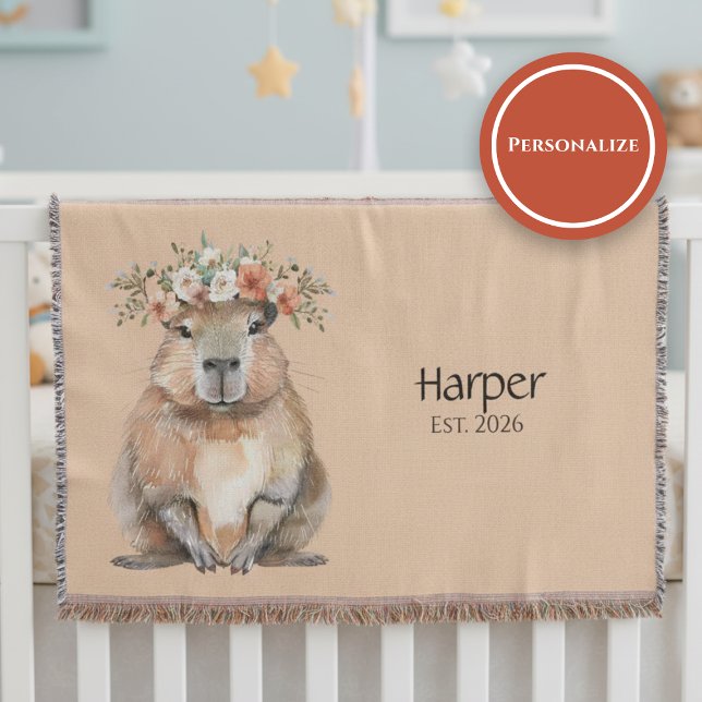 Manta Personalized Nursery Blanket • Capybara Baby Decor (Watercolor nursery blanket with capybara and floral crown on soft neutral background)