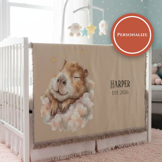 Manta Personalized Nursery Blanket • Sleepy Capybara (Watercolor nursery blanket with sleepy capybara on clouds and stars on warm beige background)