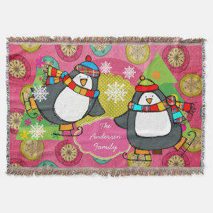 Manta Pingüinos de patinaje y árboles de Navidad lanzado