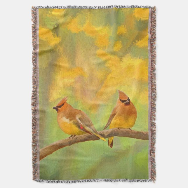 Manta Pintura de cedro Waxwing - Arte de perro original  (Frente vertical)