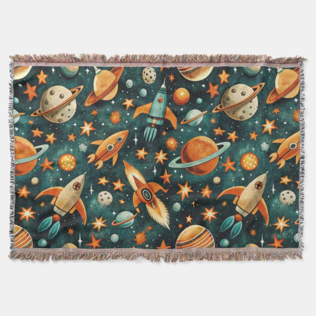 Manta Planeta Naranja Teal Espacio Atómico de Mitad de S (Anverso)