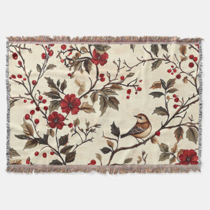 Manta Poinsettia Vintage Pájaro Navidad Crema Rojo