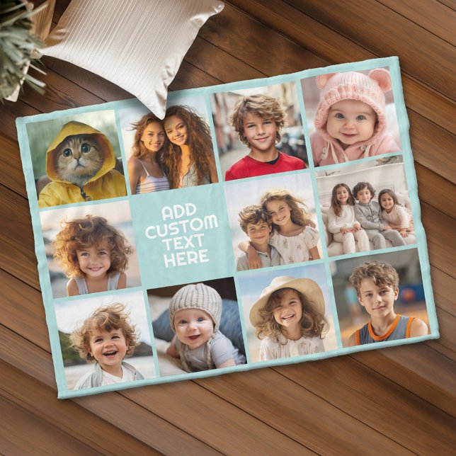 Manta Polar 11 Nombre de la caja industrial Photo Grid - aqua (Personalized fleece blanket with 11 photos and custom text)