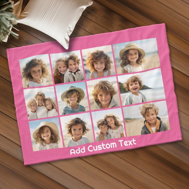 Manta Polar 12 Collage de fotos con fondo magenta rosado (Personalized fleece blanket with 12 photos and custom text)