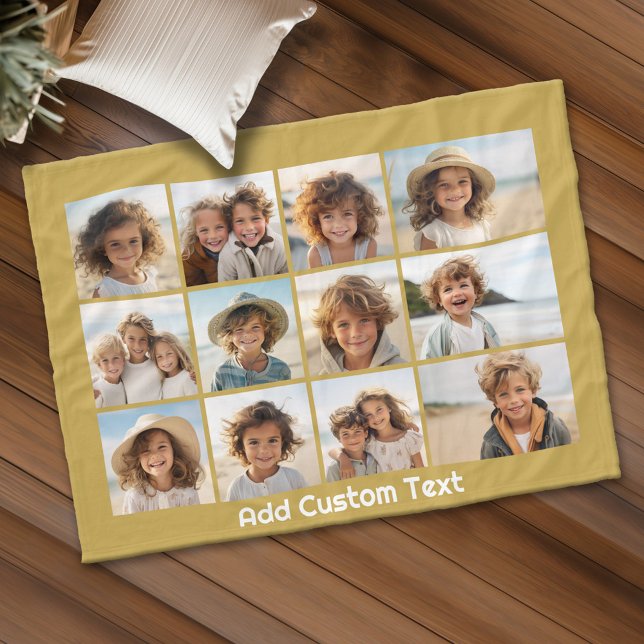Manta Polar 12 Collage de fotos y fondo dorado (Personalized fleece blanket with 12 photos and custom text)
