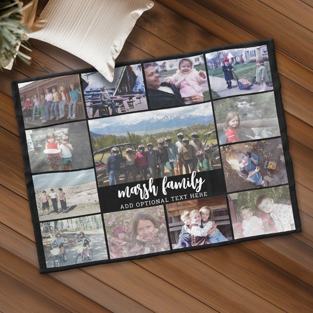 Manta Polar 13 Collage de fotos Texto opcional — Familia - neg (Personalized fleece blanket with 13 photos and custom text)