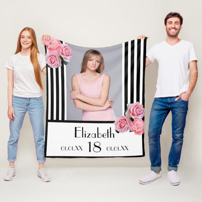 Manta Polar 18 años franjas blancas negras foto floral (In situ)