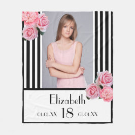 Manta Polar 18 años franjas blancas negras foto floral