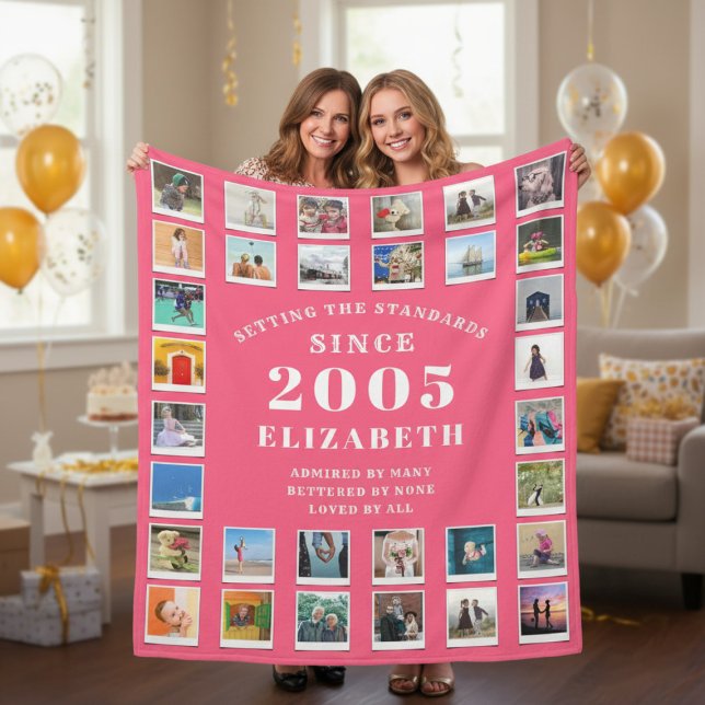 Manta Polar 21st Birthday Daughter Family Photo collage Pink (Born 2005 Pink photo blanket held up by 2 women.)