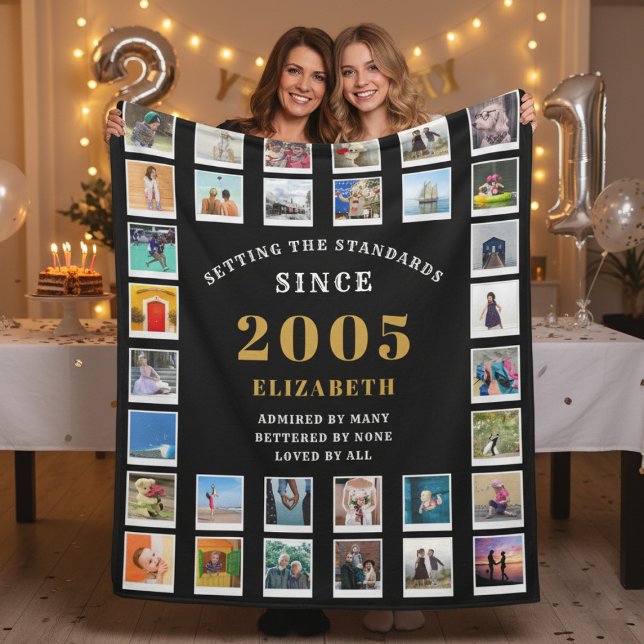 Manta Polar 21st Birthday Family Photo Collage 32 Photographs (Born 2005 fleece photo blanket. 21st birthday party background.)