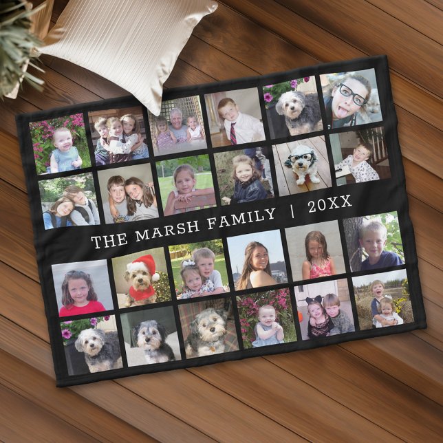 Manta Polar 24 Collage de fotos con apellido Fecha - negro (Personalized fleece blanket with 24 photos and custom text)