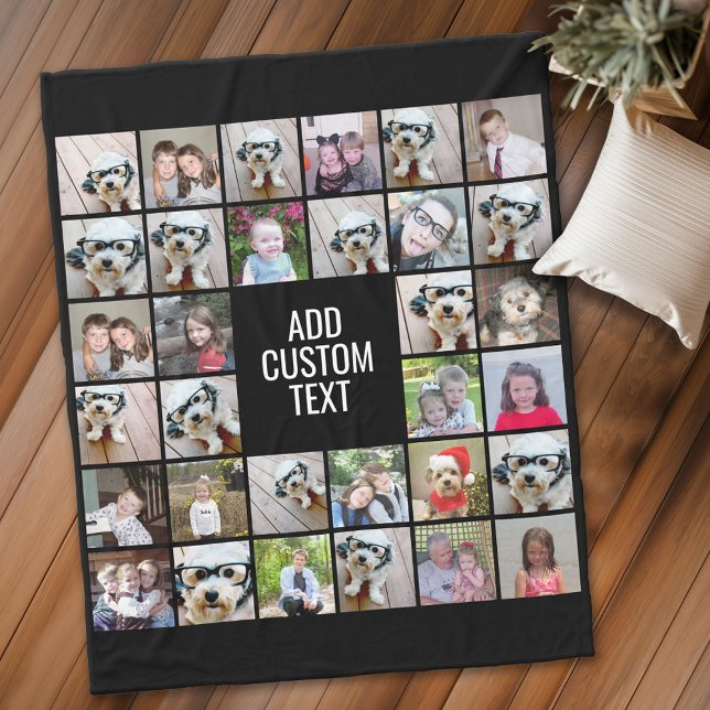 Manta Polar 32 Collage de fotos Modern Square Black - Blanco T (Personalized fleece blanket with 32 photos and text)