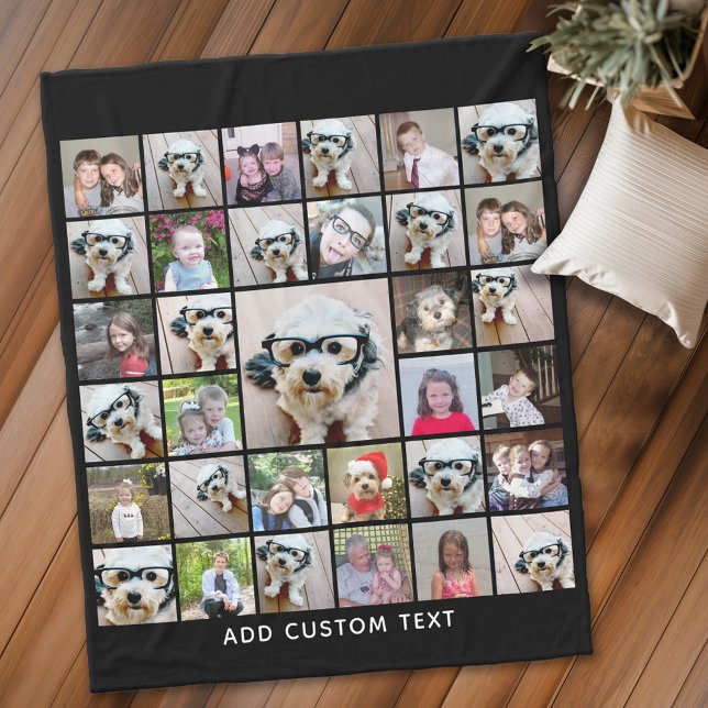 Manta Polar 33 Collages de fotos Diseño cuadrado moderno Faux  (Personalized fleece blanket with 33 photos and text)