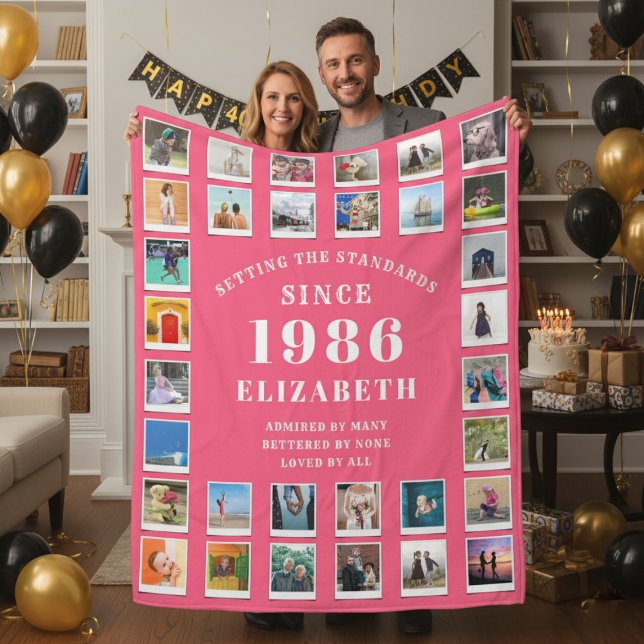 Manta Polar 40th Birthday Mother Family Photo collage Pink (Born 1986 pink photo blanket held by a couple.)
