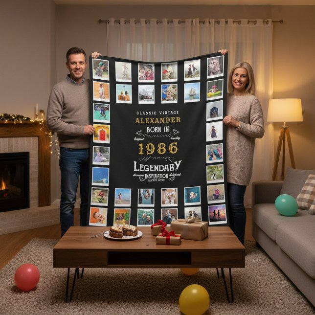 Manta Polar 40th Birthday Photo Collage Son Or Husband (40th birthday fleece blanket held up by a couple in a room.)