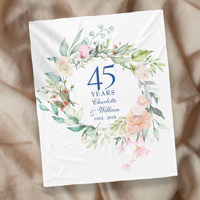 Manta Polar 45.º 65 Aniversario Boda Floral (45th 65th Wedding Anniversary Watercolor Floral Fleece Blanket)