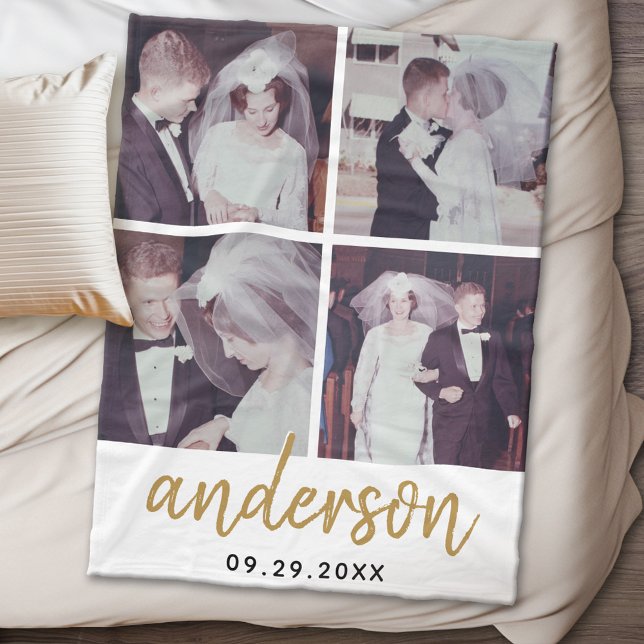 Manta Polar 4 Apellido manuscrito del Collage del Boda de foto (Personalized wedding anniversary fleece blanket)