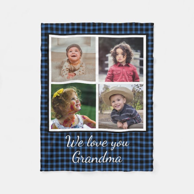 Manta Polar 4 Collage de fotos Blue Buffalo Plaid Grandma (Anverso)