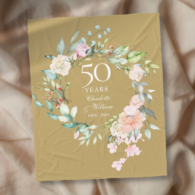 Manta Polar 50.º Aniversario del Boda de Oro (50th Golden Wedding Anniversary Floral Gold Fleece Blanket)