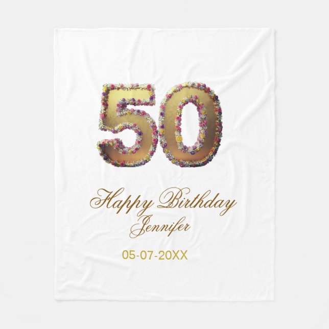 Manta Polar 50th birthday add name date year gold floral bold  (Anverso)