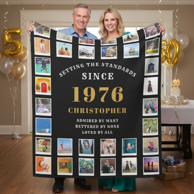 Manta Polar 50th Birthday Family Memories Photo Collage  (born 1976 black fleece blanket held by a couple.)