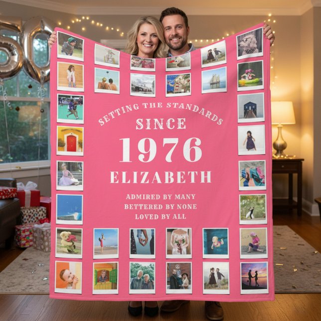 Manta Polar 50th Birthday Mother Family Photo collage Pink (Born 1976 pink fleece blanket held up by a couple.)