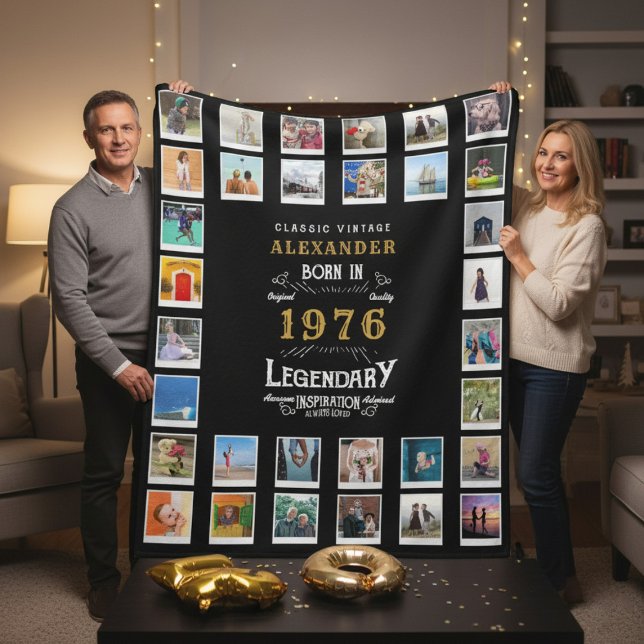 Manta Polar 50th Birthday Photo Collage Father Grandfather (1976 fleece photo blanket held by a couple in a room.)