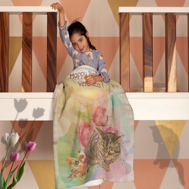 Manta Polar 5.ª Chica de cumpleaños mariposa gata (5th Birthday Girl Cat butterfly Fleece Blanket)