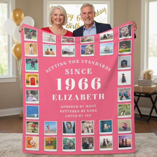 Manta Polar 60th Birthday Mother Family Photo collage Pink (Born 1966 pink fleece photo blanket held by a couple.)