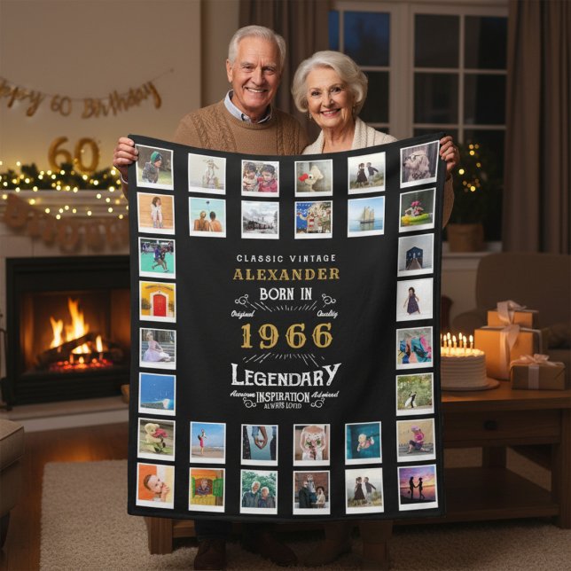 Manta Polar 60th Birthday Photo Collage Father Grandfather (1996 fleece blanket held by an elderly couple in a room.)