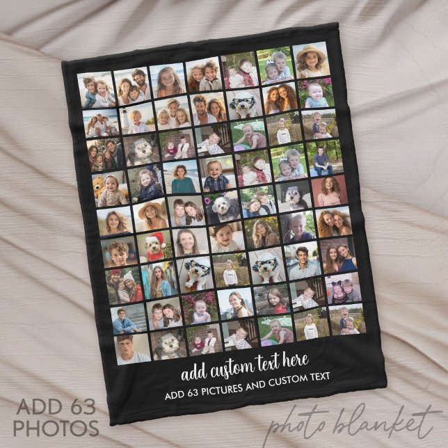 Manta Polar 63 Photo Collage Grid - Custom Text - Black (Custom Fleece Blanket with Photo Collage)