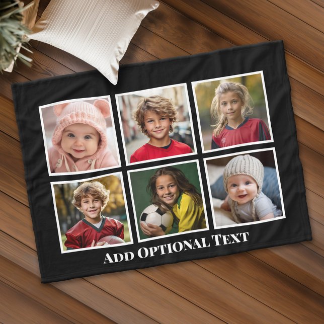Manta Polar 6 Collage de fotos negro con texto blanco - fotos  (Personalized fleece blanket with 6 photos and custom text)