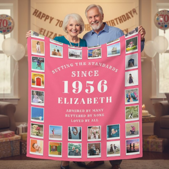 Manta Polar 70th Birthday Mother Family Photo collage Pink (Born 1956 pink fleece blanket held by a couple.)