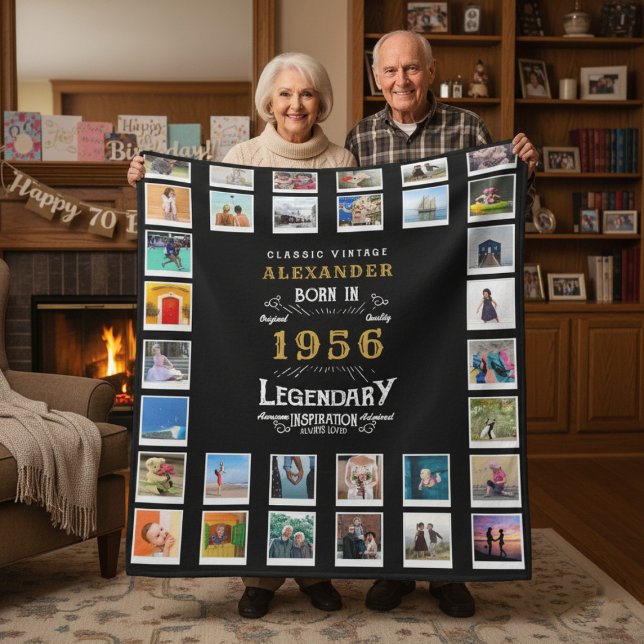 Manta Polar 70th Birthday Photo Collage Father Grandfather (1956 fleece blanket photo collage held by elderly couple.)
