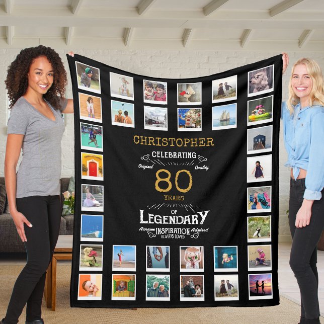 Manta Polar 80.ª fama de oro negro (Personalized 80th birthday gift fleece blanket with 32 photos of your choice)