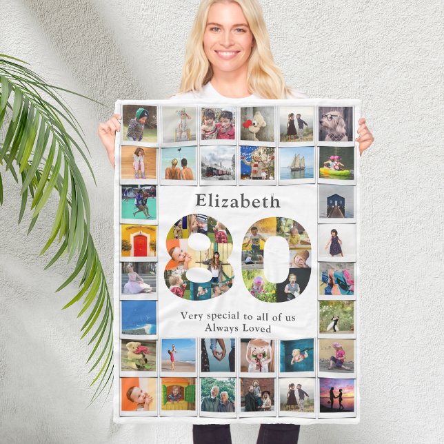 Manta Polar 80.ª plantilla de fotos familiares de cumpleaños (Personalized 80th birthday white fleece blanket with family photo collage template.)