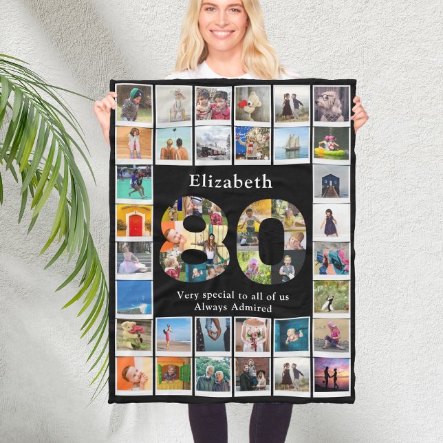 Manta Polar 80.ª plantilla fotográfica de cumpleaños (Black personalized 80th birthday fleece blanket with family photo collage template.)